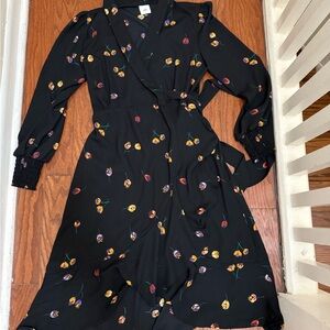 Cabi devine wrap black floral midi dress SM long puff sleeve‎ romantic ruffle